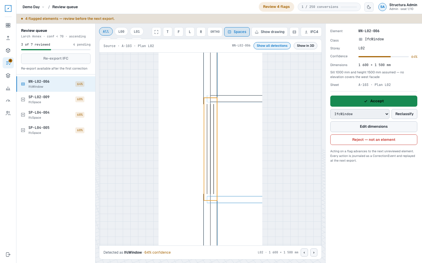 The same Larch Annex review queue and evidence tile in the app’s light theme, with all detections shown rather than the flagged element alone.