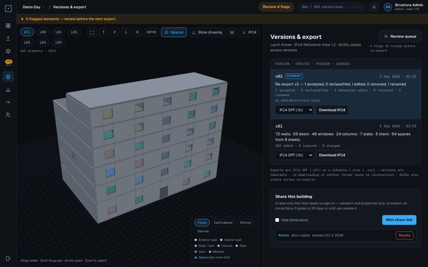 The Structura versions screen for the Larch Annex sample in the app's dark theme: two immutable versions, each labelled with what changed and who exported it, each with an export-format select and a download button, and the share panel below listing one active read-only link with its expiry.
