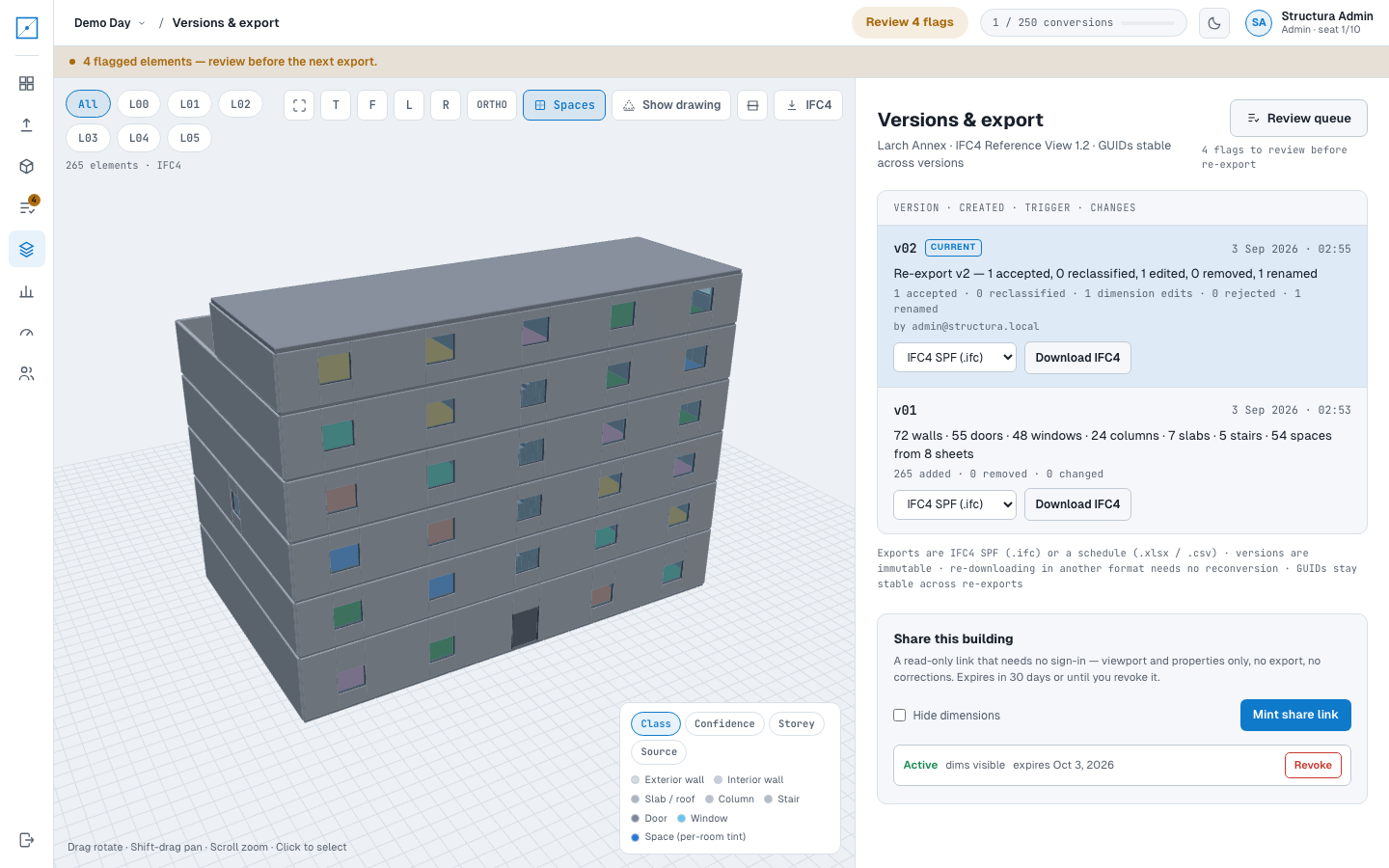 The same Larch Annex versions list, export-format selects and share panel in the app’s light theme.