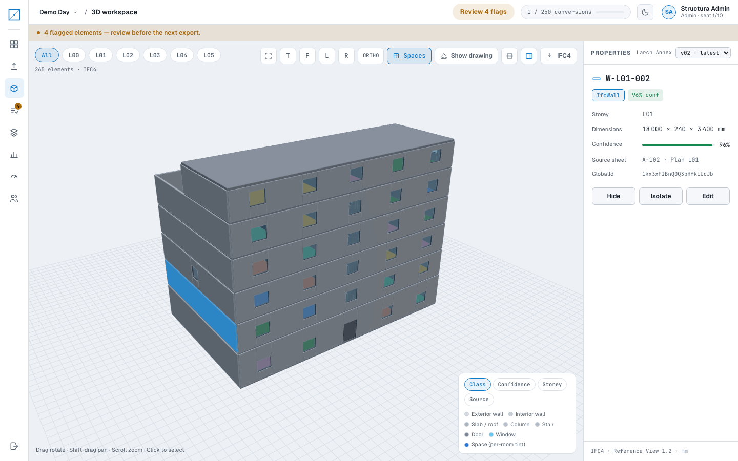 The same Larch Annex workspace in the app's light theme, showing the same highlighted wall and the same properties panel.